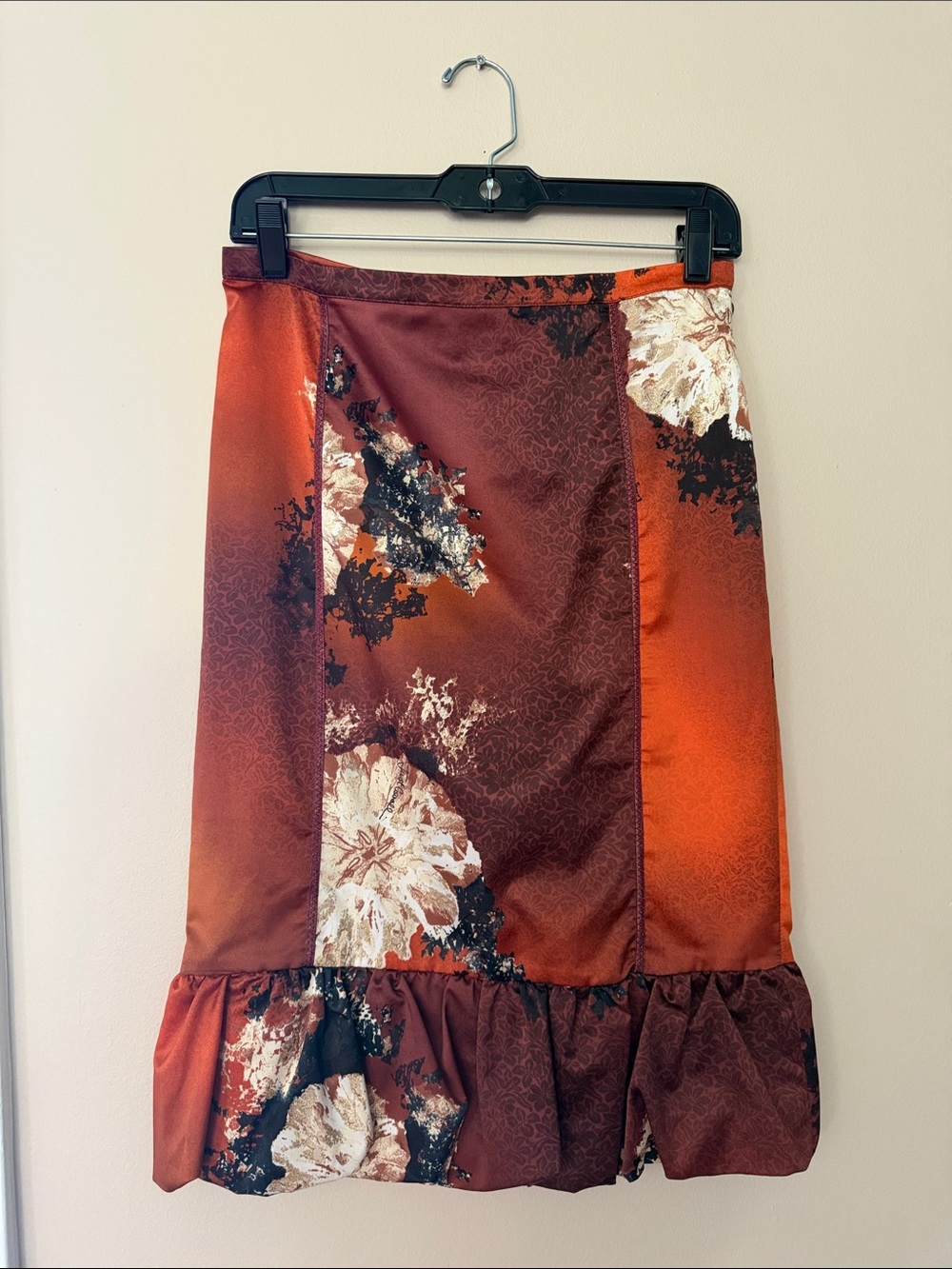 Just Cavalli Rust and Burgundy Floral Midi Skirt with Ruffle Hem